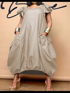 Butterfly Sleeve Round Neck Pocketed Baggy Maxi Dress